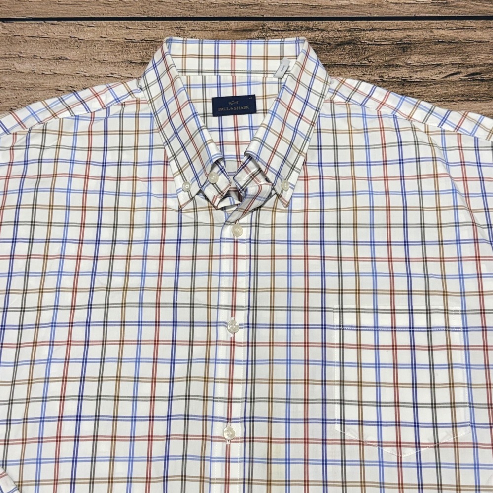 Paul & Shark Button Down Shirt Mens 3XL White Blue Tan Tattersall Check Cotton